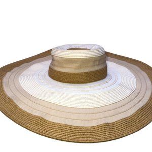 Stunning white tan wide brim cotton canvas straw black bow beach sun hat